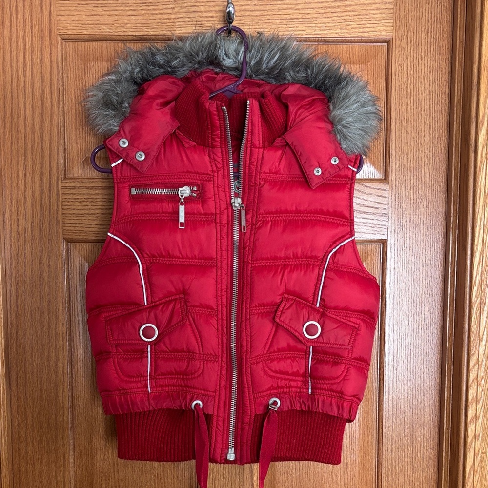 Big Chill Red Puffer Vest with Faux Fur Trim